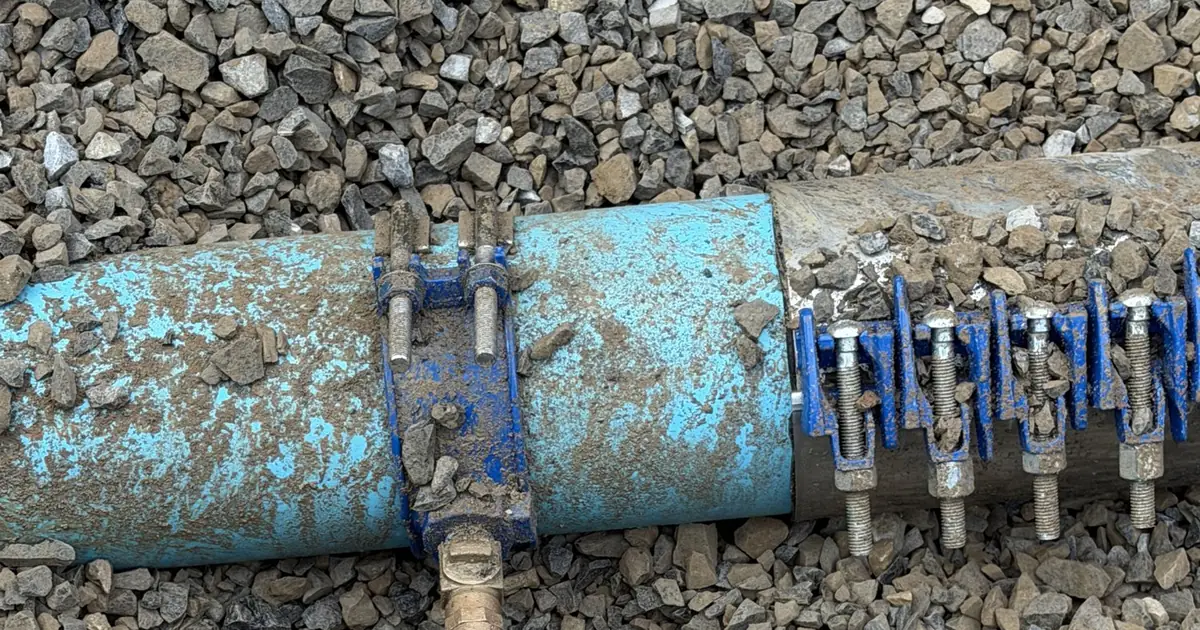 Blue water line with a repair clamp exposed in a gravel-lined trench