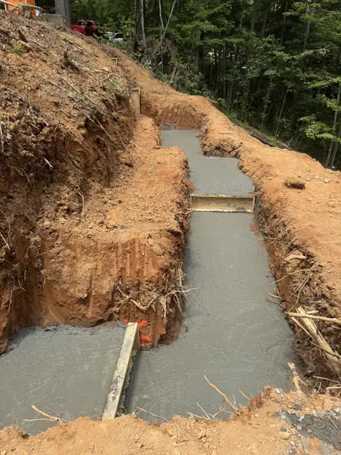 Footings freshly poured in an excavated trench